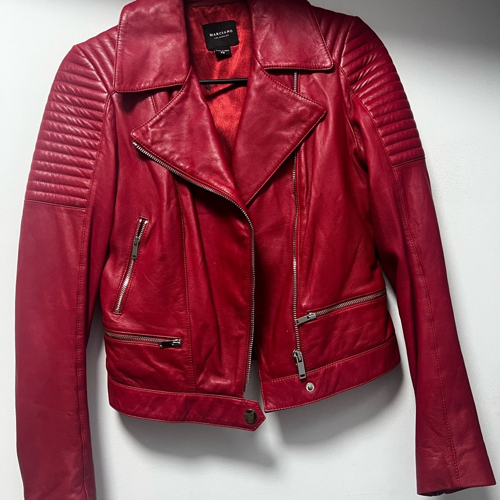 Guess by Marciano Red Leather Motorcycle Jacket with Asymmetrical Zipper